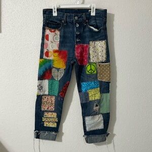 Levi’s White Oak Cone Denim Jeans Raw Hem Distressed with patches Size 28